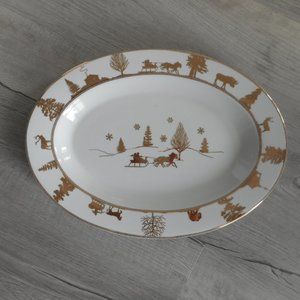 222 Fifth Large Oval Platter, Winter Horse & Sleigh Scene, White w/Gold, New